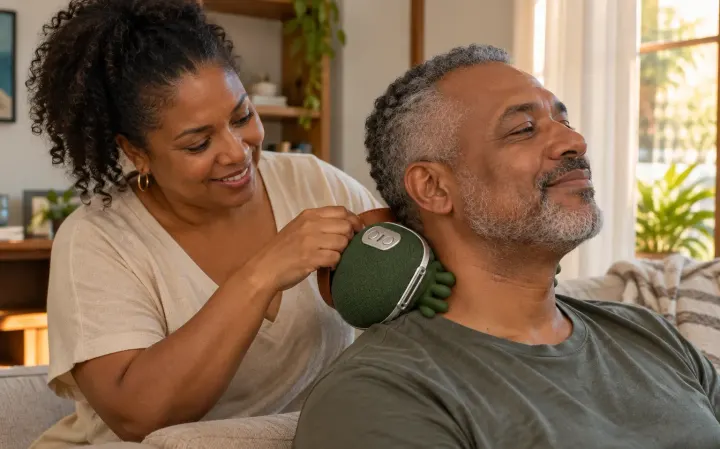 Mulher usando o massageador no pescoço do marido na sala