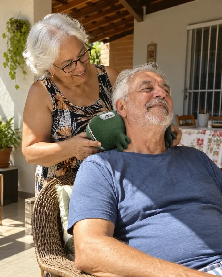 Senhora colocando o massageador no marido na varanda