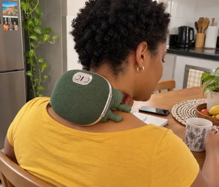 Mulher na mesa da cozinha com o massageador no ombro