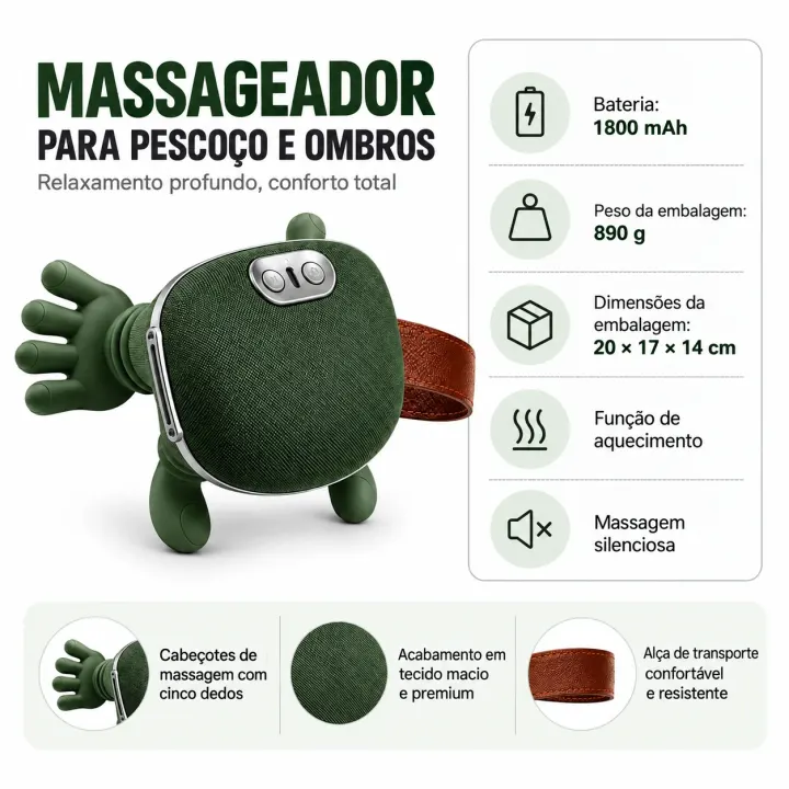 Ficha do massageador: bateria de 1800 mAh, embalagem de 890 g e 20 por 17 por 14 cm