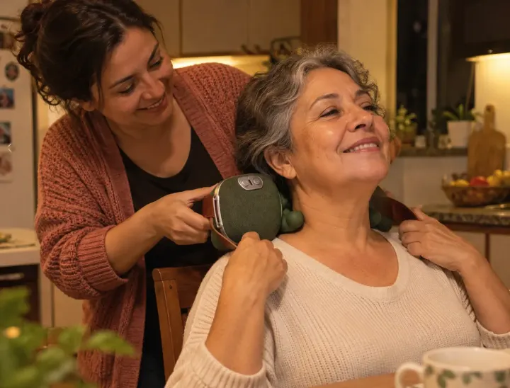 Filha usando o massageador no pescoço da mãe na cozinha