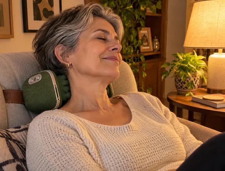 Mulher sorrindo na poltrona com o massageador atrás do pescoço