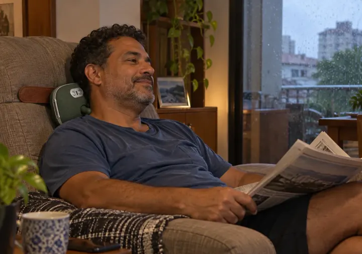 Homem lendo jornal na poltrona com o massageador preso no encosto