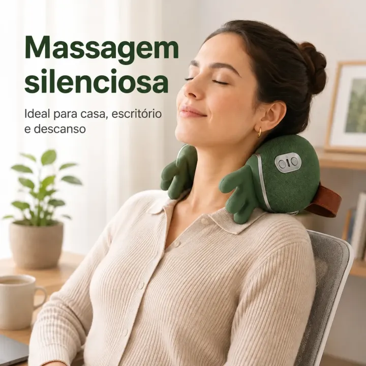 Mulher relaxando no escritório com o massageador apoiado nos ombros
