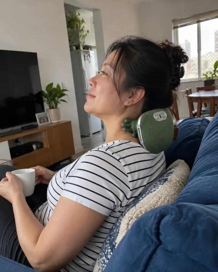 Mulher tomando café no sofá com o massageador no pescoço