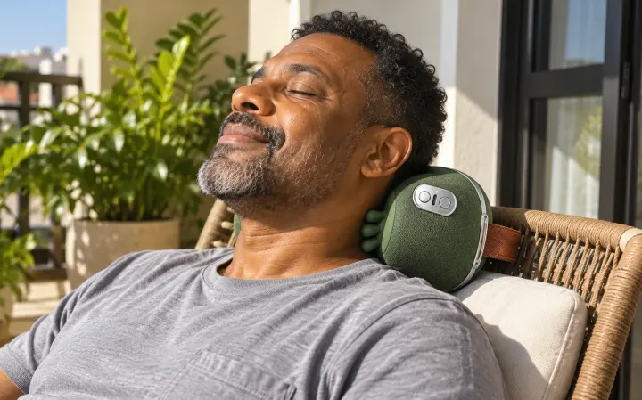 Homem relaxando ao sol na varanda com o massageador no pescoço