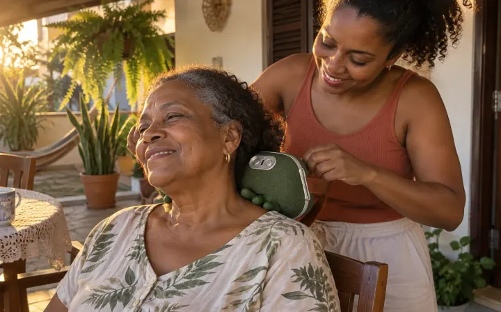 Filha colocando o massageador na mãe na varanda
